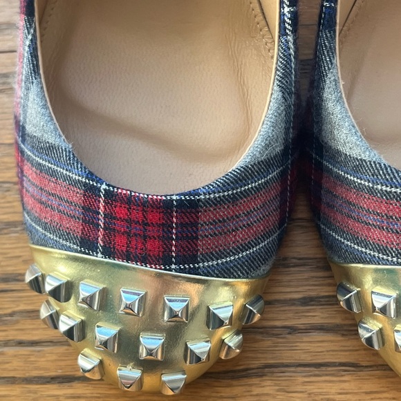 J. Crew Etta Pump Red and Gray Plaid Heels with Gold Studded Toe - Picture 8 of 9